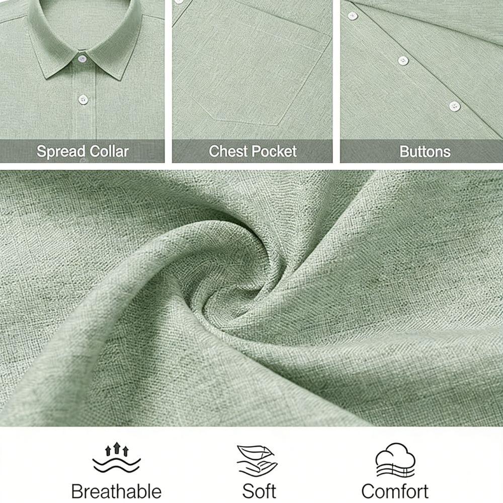 Alimen Men's Linen Shirts Short Sleeve Dress Shirts for Men with Pocket Vacation Beach Summer Party Wedding Casual Button Down Shirts, Lightweight Breathable Comfort Soft Fabric Spread Collar Linen Shirts for Men