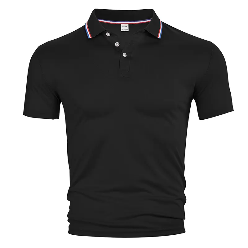 Men’s red/blue/white color-block striped polo shirt with turn-down collar, short sleeves, solid color, stretch fabric, slim fit, breathable—ideal for business, golf, outdoor activities, and casual wear; versatile summer short-sleeve top.