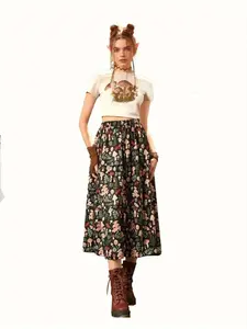 Women's High-Waisted Elastic A-Line Midi Skirt, Bohemian Style Loose Fit Design, Fashionable Mushroom Print, New Arrival