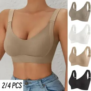 ZSB 2/4PCS Women's Solid Four-breasted Adjustable Wireless Bra, Soft Comfortable Breathable Ribbed Push Up Seamless Bra, Widened shoulder straps Women's Lingerie for All Seasons