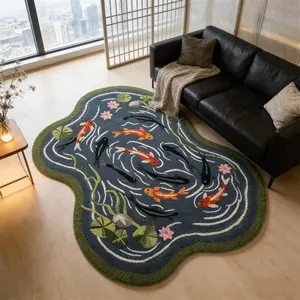 Koi Pond Irregular Plush Carpet for Living Room, Luxurious Vintage Zen Style Soft Mat for Entryway, Comfortable Rug for Bedroom & Dressing Area, Bohemian Area Rug, Boho Floral Rug, Floral Pattern Rug, Decorative Rug