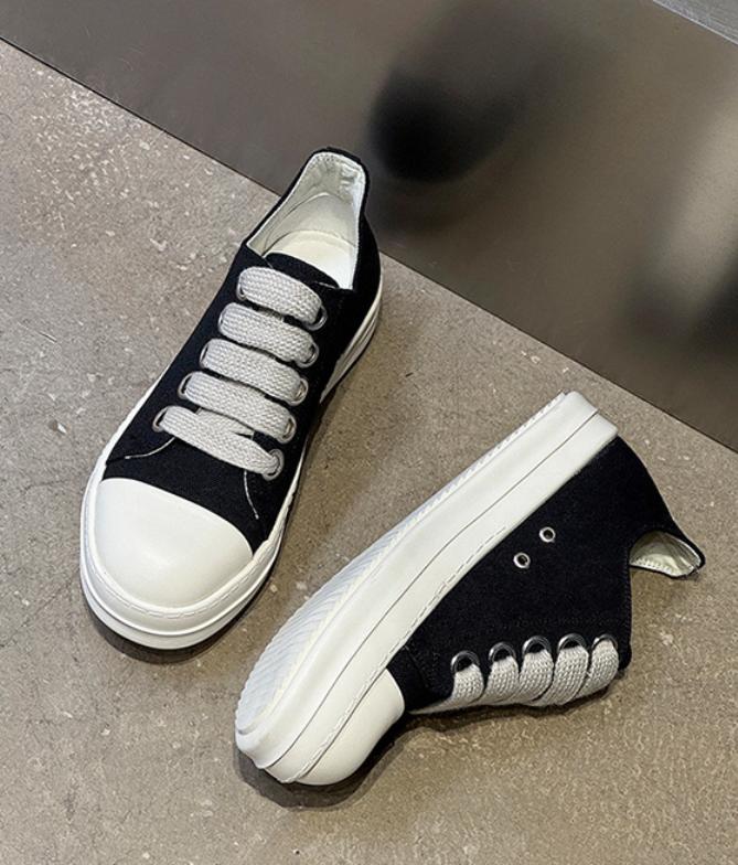 Men's Cleanfit Platform Sneakers Black & White Canvas Wide Laces Slim Leg Street Fashion