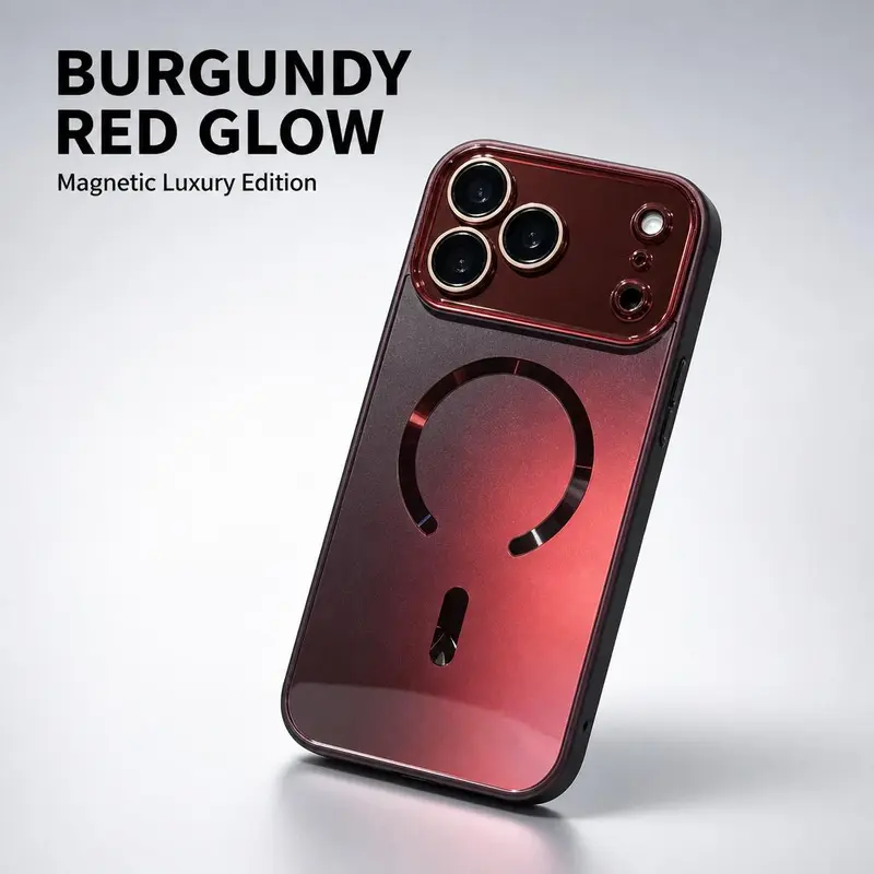 【For iPhone 18promax】Burgundy Large Window Matte Electroplated Magsafe Magnetic Phone Burgundy Case for iPhone 13 14 15 16 17 ProMax/Air/Pro Iridescent Laser Shockproof Cover #YJDSCMSCXXYKMAGENTA