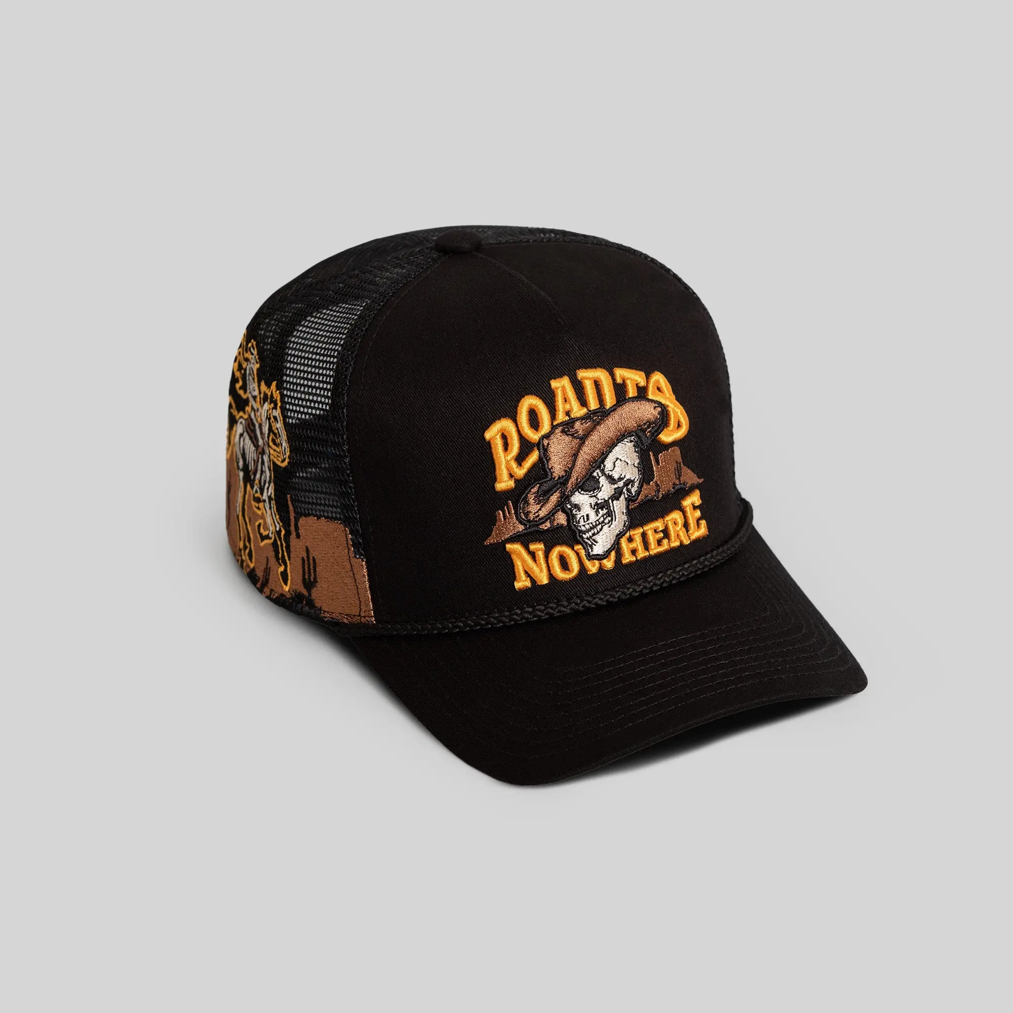 Field Grade Road To Nowhere Black Twill Mesh | trucker hat | twill mesh | black hat | embroidered | adjustable | unisex | streetwear | casual | dad hat | vintage | graphic | snapback | Trendy Hat 2026 | Streetwear Headwear | Fashion Cap | Summer Hat