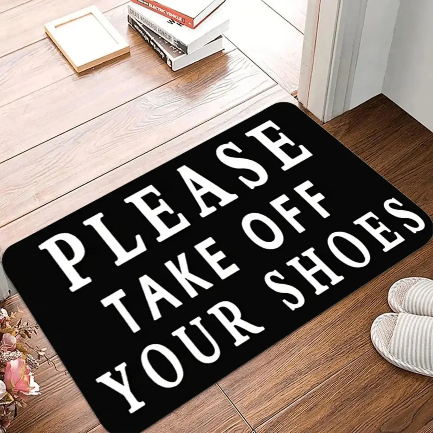 Minimalist Retro Diatomite Doormat - Single Mat with Letter Print "Please Take Off Your Shoes", Soft Absorbent Material, 100% Non-Slip Rubber Backing, Quick-Dry Rug for Entry Areas, Home Offices, Soft Diatomite