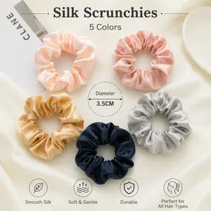 5Pcs 100% Mulberry Silk Hair Scrunchies - Frizz & Breakage Prevention Elastic Ponytail Holders, Round Design Mini Styling Tool Kit for Silky Smooth, Damage-Free Hairstyles