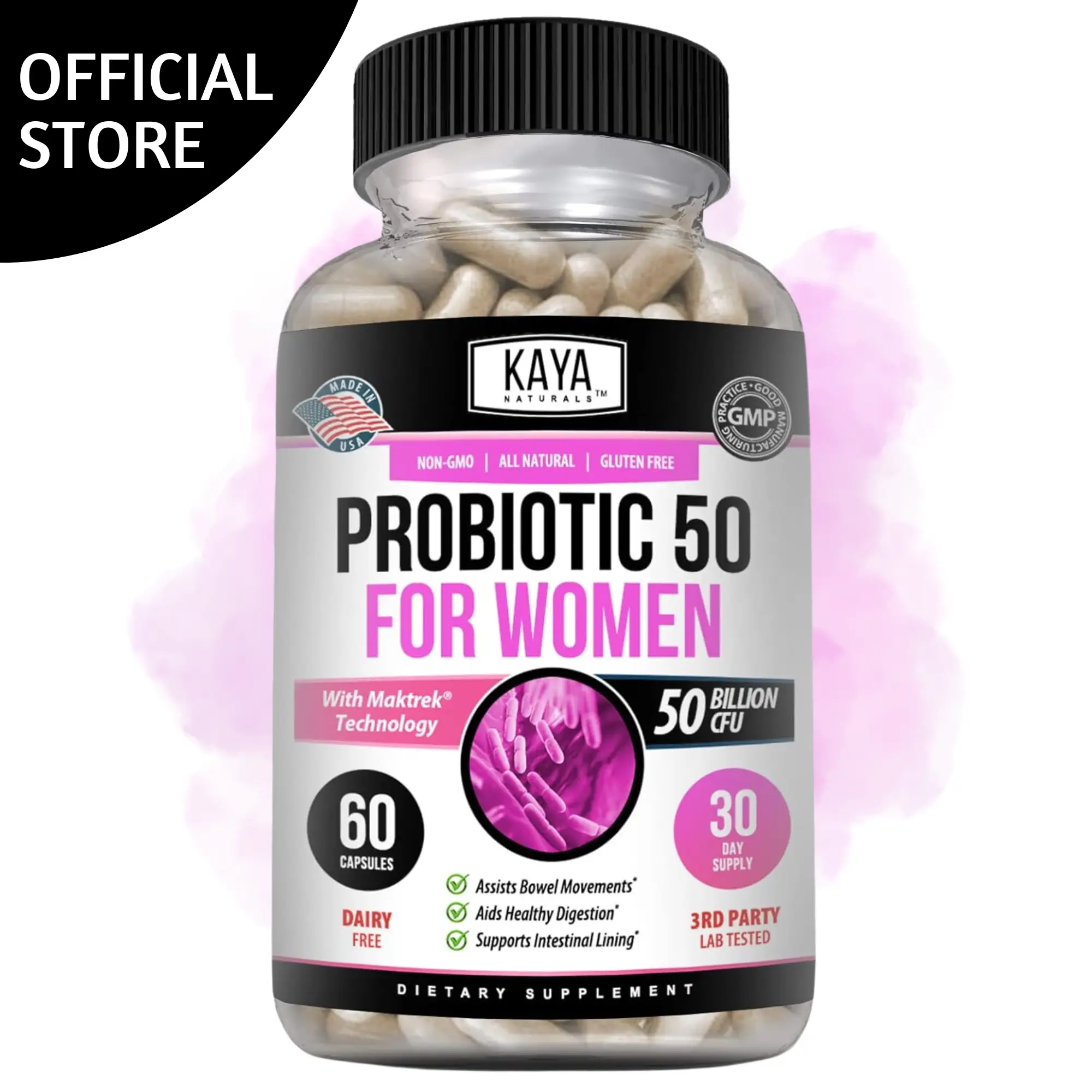Kaya Naturals Women’s Probiotic 50 Billion CFU – Digestive Health Support – Non-GMO & Gluten-Free – 60 Capsules