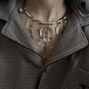 Antique Bronze Handmade Witch Choker Necklace Irregular Open Collar With Clear Spike Crystal Evil Eye Fan Charms Vintage Bohemian Gothic Dark Aesthetic Neck Jewelry For Women