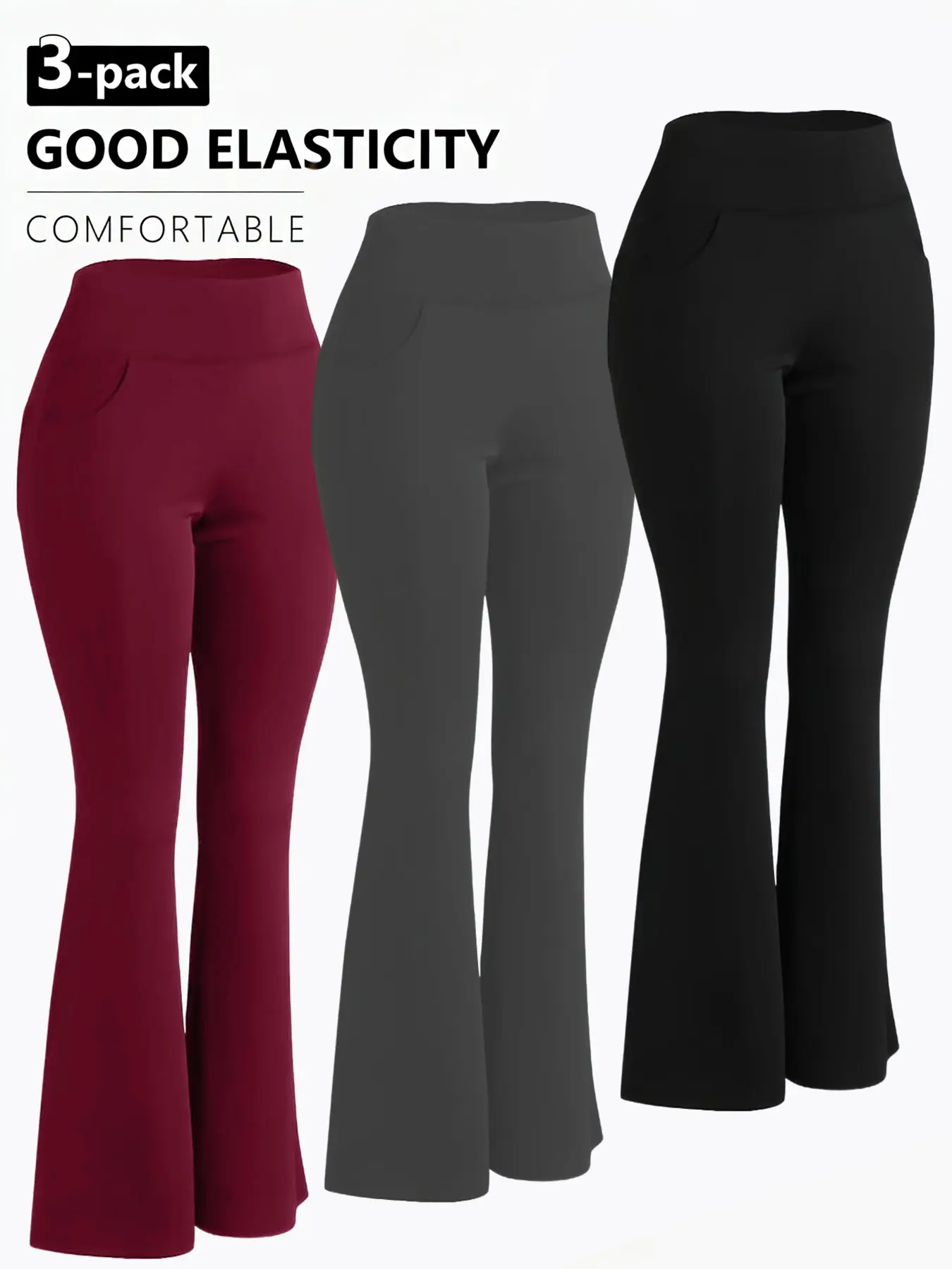 EBIOSVE Women’s 3-Pack High Rise Bootcut Polyester Leggings - Soft 4-Way Stretch, Tummy Control, High Elastic Activewear Bottoms for Yoga, Gym Fitness, Summer Travel, Leggings Polyester