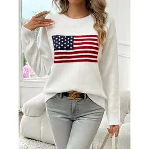 Women’s star and striped print drop-shoulder long-sleeve sweater; casual round-neck jumper for spring and fall; fashionable women’s knitwear for everyday wear; hoodie