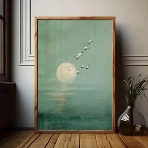 Japandi Wall Decor Sage Green Art Print of Sea Painting with Full Moon, Japanese Cranes Flying Birds, Wabi Sabi Art