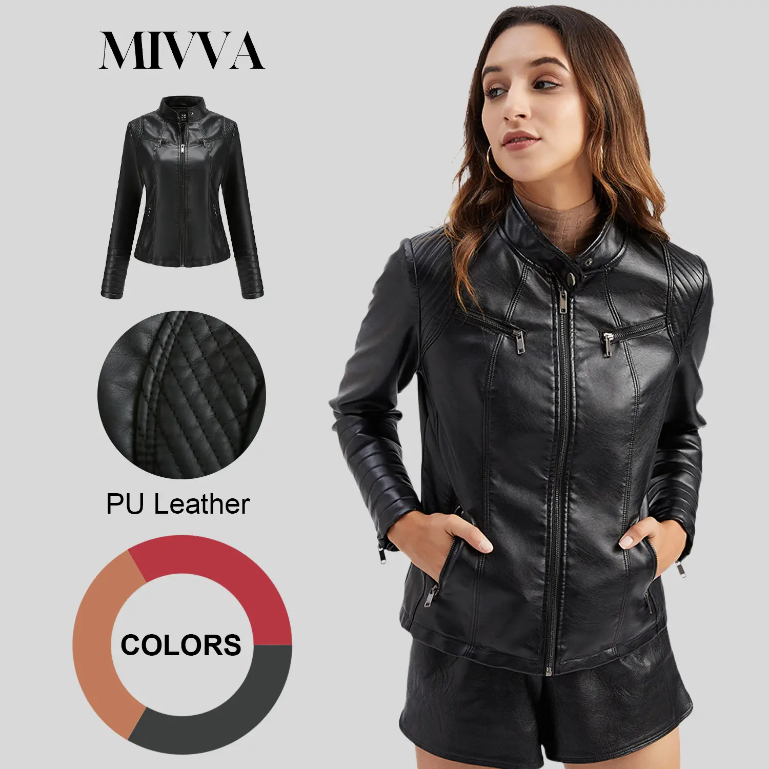 Women's Long-Sleeve Polyester Faux Leather Asymmetrical Short Biker Jacket - Casual Autumn Winter Plus Size Outerwear (Black, Red, Camel, S-2XL) summervibes☀️ Solid Coats campingessentials
