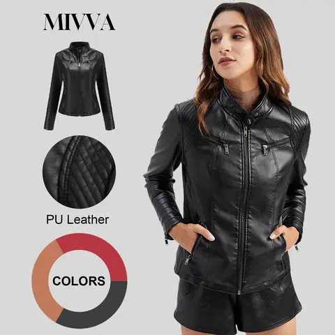 Women's Plus Size Faux Leather Biker Jackets - Long-Sleeve Polyester, Asymmetrical, Plain, Woven, Edge Zip-Up, Casual Autumn Winter Outerwear (Black, Red, Camel, S-2XL) | Sohochic Dry Clean Essentials (Plus Size Fashion)