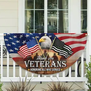 Veterans Patriotic Bunting Banner, American Flag Eagle Half Round Porch Banner, Veterans Day Military Tribute Porch Fence Railing Patriotic Outdoor Decor