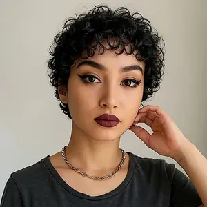 short curly wig OYM HAIR Short Pixie Cut Wigs effortless elegance  for Black Women Dark Brown Curly Pixie Wigs Real Human Hair 6 Inch Messy Cut Fashionable Adjustable Straps daily party use