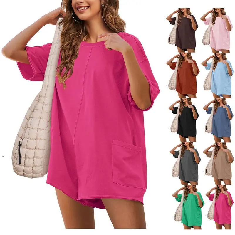 Molitree Rompers for Women Casual Short Sleeve Oversized Athletic Jumpsuits Workout Reversible Hot Shot Tee Romper Overalls