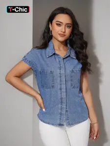 Women's Plain Button Front Pocket Denim Shirt, Casual Drop Shoulder Short Sleeve Fitted Top for Summer, Ladies Clothes for Daily Wear