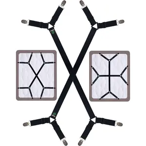 Bed Sheet Straps - Crisscross Fitted Sheet Clips and Sheet Holder Elastic Bands Bedsheet Fasten Suspenders Grippers, 2 count/Set Black