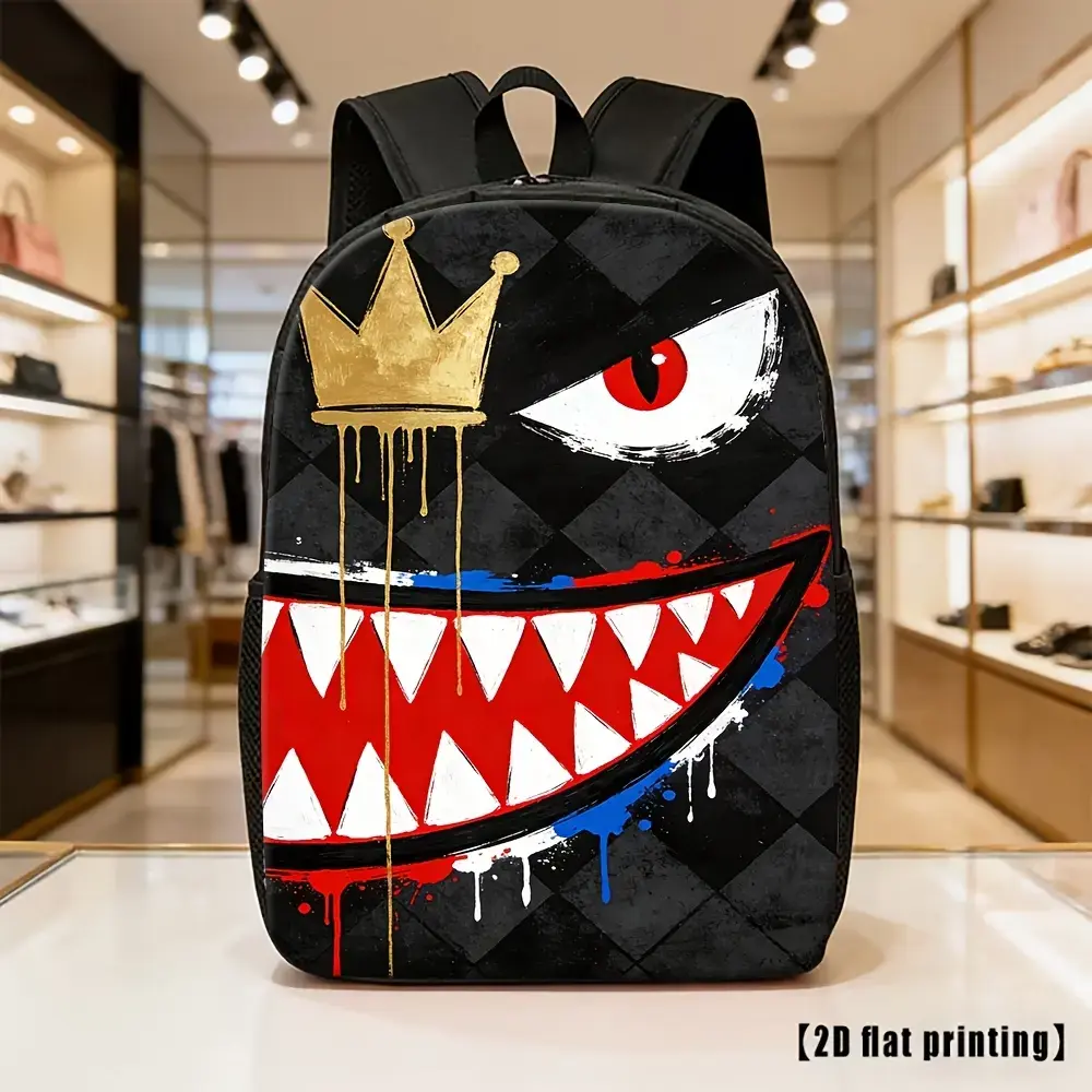 Unisex Polyester Waterproof Backpack - Trendy Casual Style with Bold Print, Gold Crown, Fang-Filled Grinning Mouth, Red-Eyed Graffiti Splatter, Ideal for School, Streetwear Use