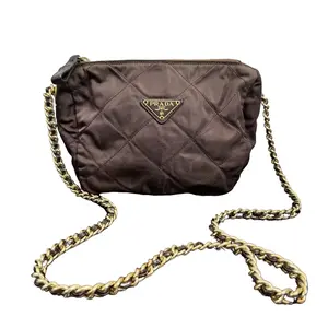 Pre-owned PRADA nylon Crossbody Bags Vintage Dark Brown Quilted Interwoven Leather Chain Shoulder & Crossbody Bag, Hobo Bag
