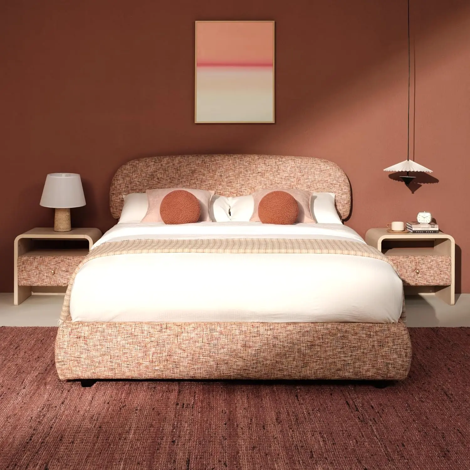 [2 Packages Shipping]ModernMate Dione Queen Upholstered Lift-Up Storage Bed Frame - Oeko-TEX Chenille, Gas Lift Hydraulic Storage, Curved Headboard, Organic Modern Indoor Bedroom Furniture, Canyon Dawn Red, Queen Bed Frame, Bed Frames