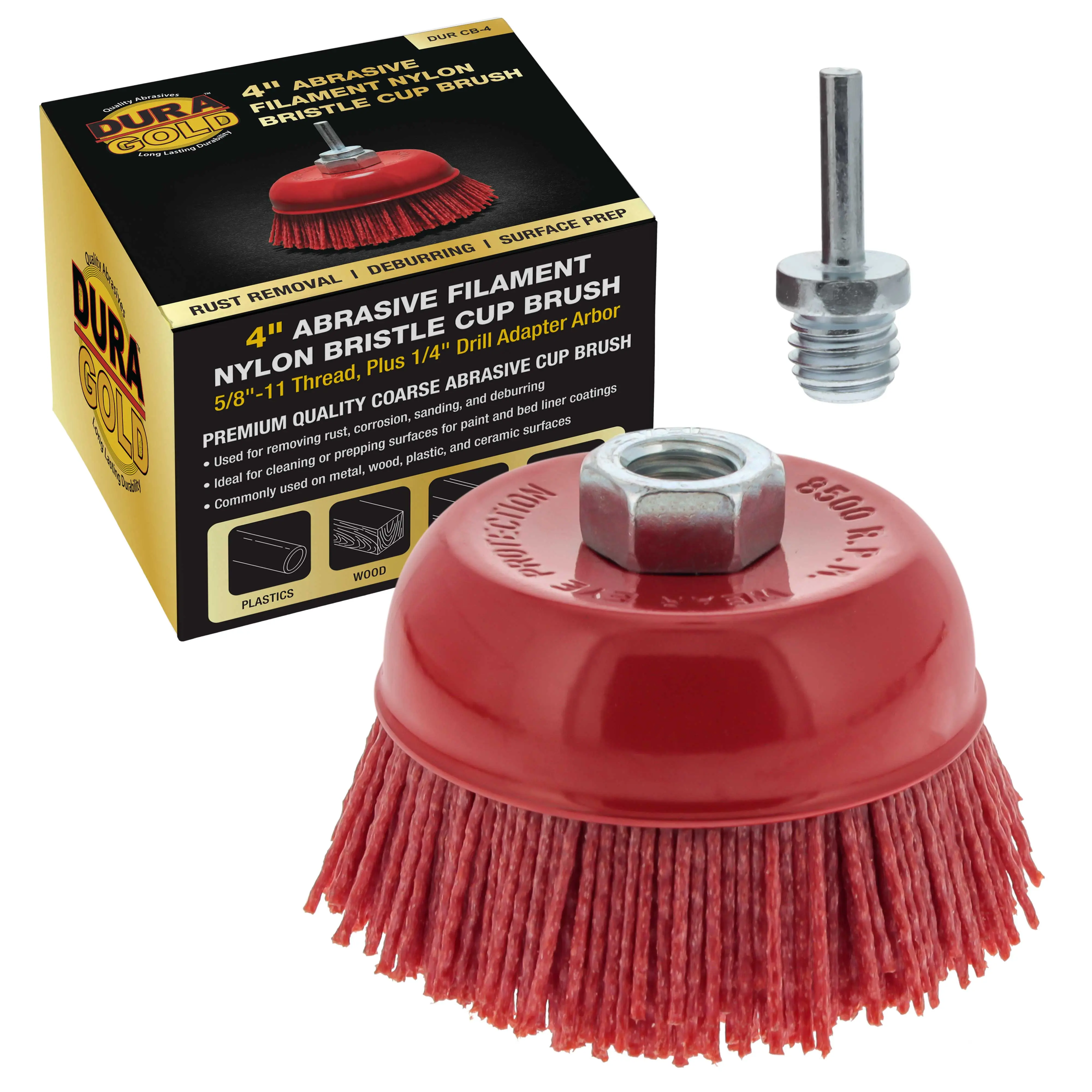 4" Abrasive Filament Nylon Bristle Cup Brush - 5/8" 11 Thread, 1/4" Hex Drill Shank Arbor, Coarse Grit Angle Grinder Brush for Truck Bed Liner Surface Prep, Sanding, Rust & Paint Removal