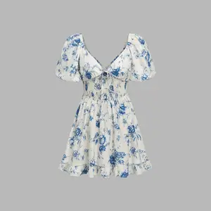 Cider [size 0-10] Santorini Beach Vacation V-neck Floral Knotted Shirred Cut Out Mini Dress