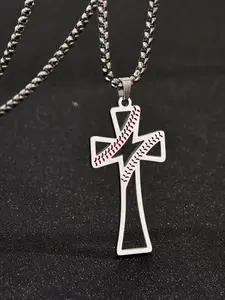 Baseball Player Stainless Steel Cross Necklace, Stitching, Best New Year Gift for Baseball Enthusiasts, Unique Jewelry Accessory, Stainless Steel Necklaces
