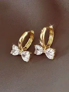 Elegant French Bow Design Hoop Earrings, Heart-Shaped Synthetic Zircon Pendant, Perfect for Daily Wear, Parties, Weddings, Fashion Jewelry