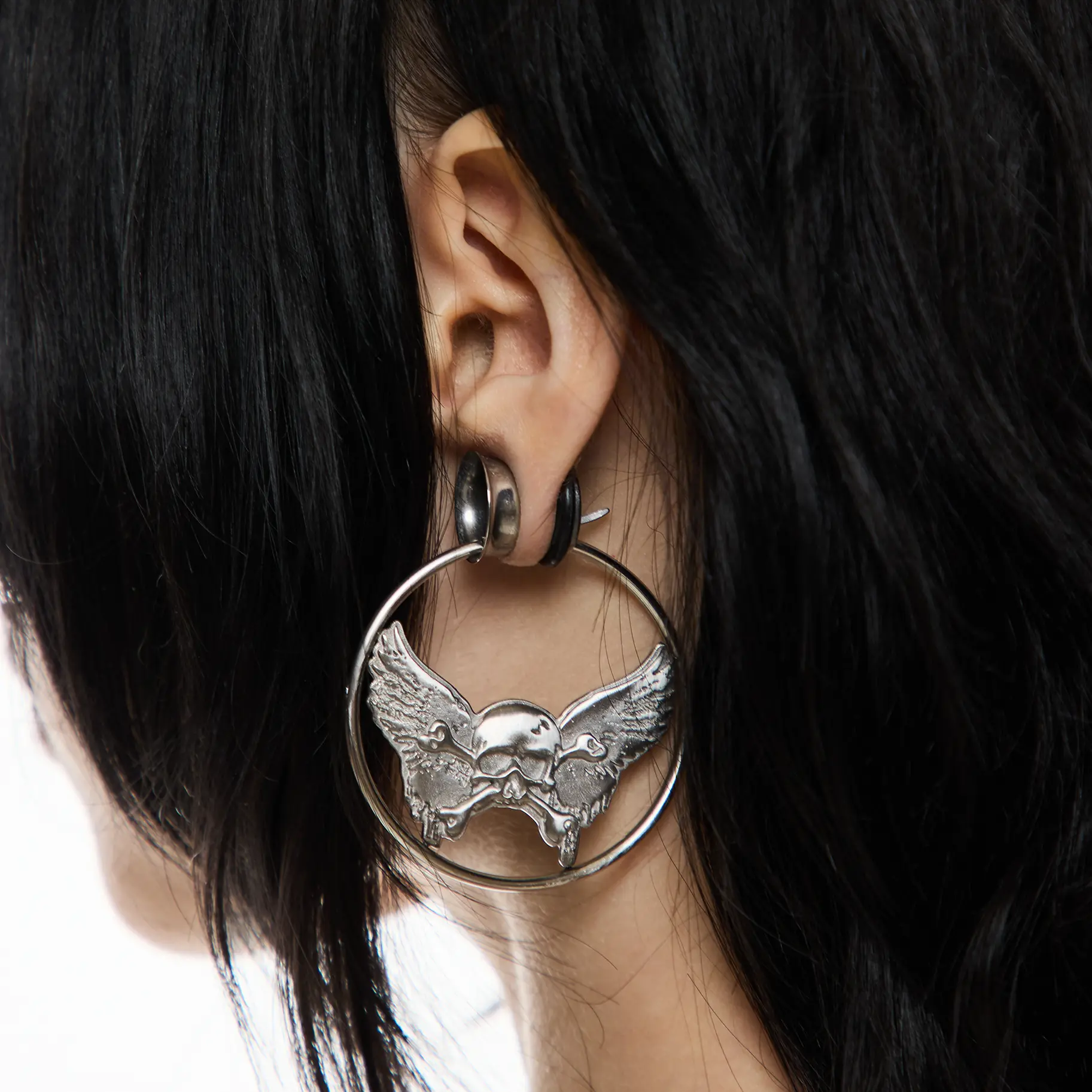 HeavenSent Fallen Hoops | Winged Skull Stainless Steel Hoop Earrings