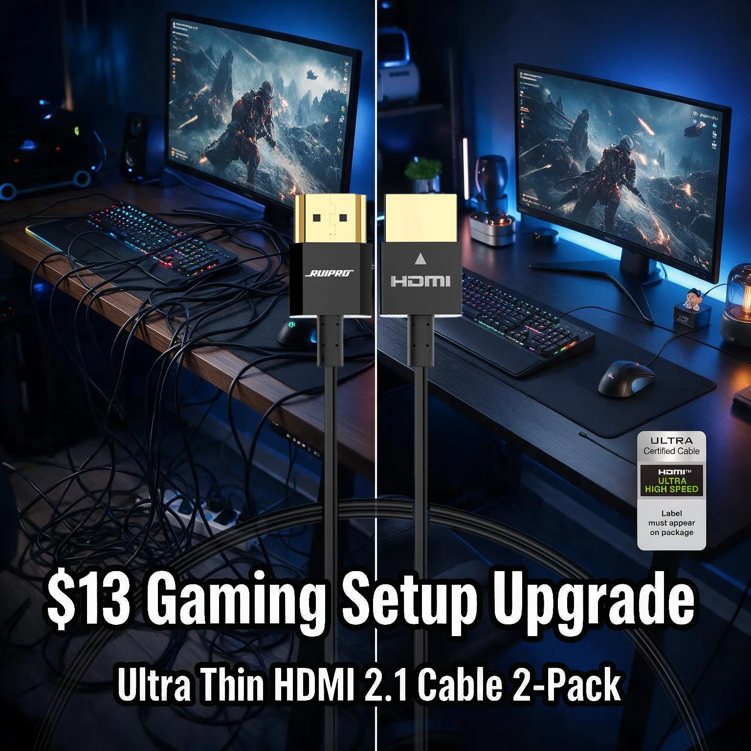 RUIPRO Ultra Thin HDMI 2.1 Cable, 8K 48Gbps Certified, 4K@120Hz Gaming Cable, HDR eARC, Flexible HDMI Cable for PS5 Xbox PC Monitor