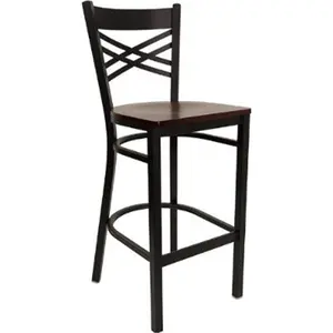 212 MAIN Black Crossback Metal Bar Stool with Mahogany Wood Seat, Heavy Duty Metal Frame, Curved Bars, and Footrest