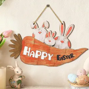 Charming French Country Easter Bunny and Carrot Wooden Wall Decor, Handmade Sign, Happy Easter Design, 7.87x11.81 Inches