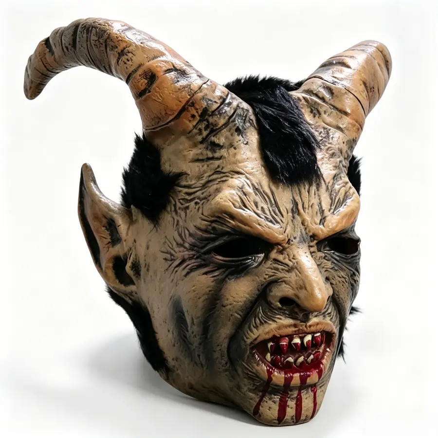 Men’s Scary Sheep Horn Krampus Demon Latex Mask - Eye-Catching Fur Accents, Spooky Carving Details, Adult Halloween Gothic Cosplay Costume Head Cover