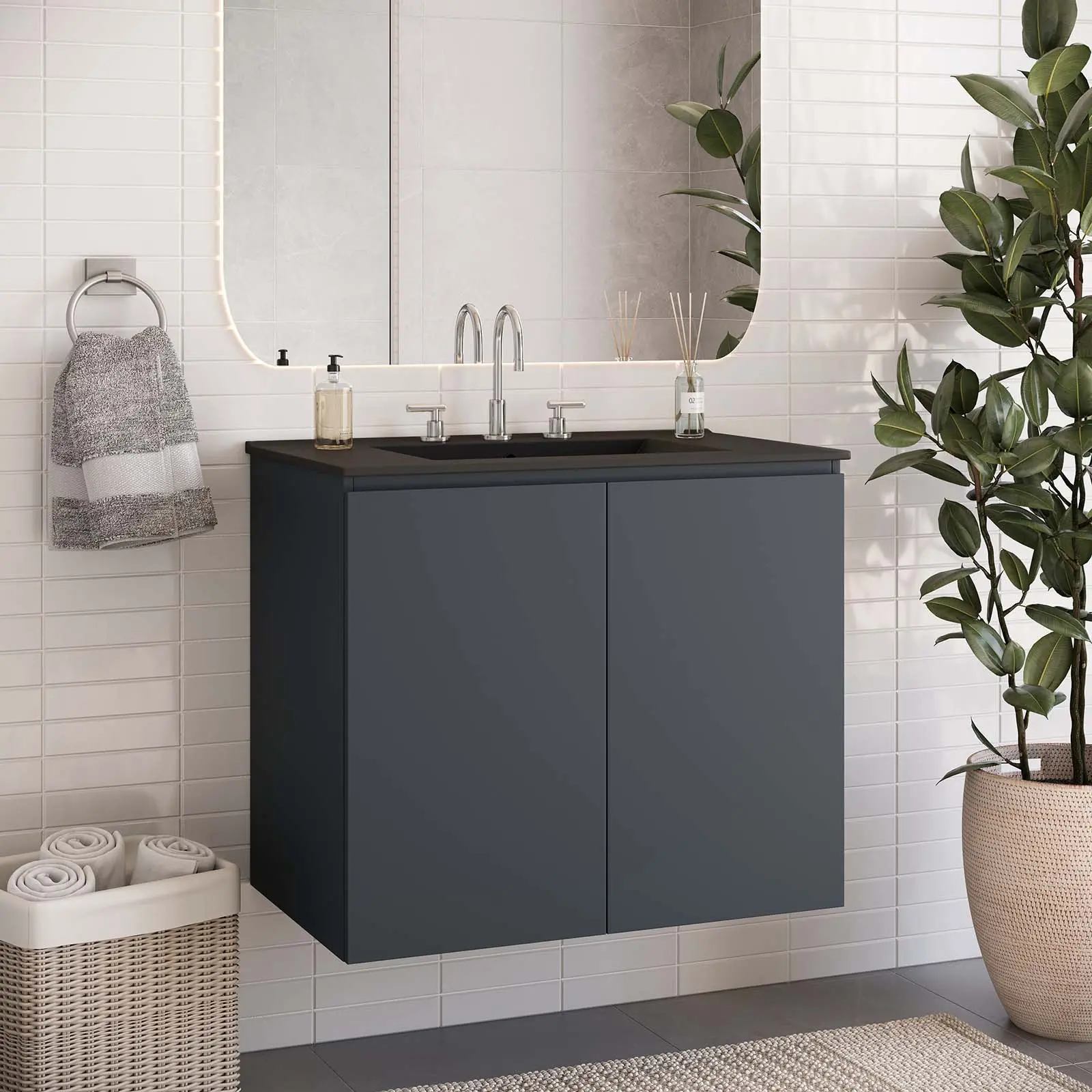 Modway Bryn 30" Wall-Mount Bathroom Vanity, Gray Black Bathroom Sink Cabinet