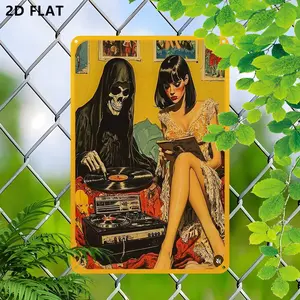 Exquisite Iron Artistic Wall Decoration, 2D Flat 1pc Woman with Record Player, 8x12 Inch Decorative Sign for Living Room Bedroom Halloween, Unframed Wall Art