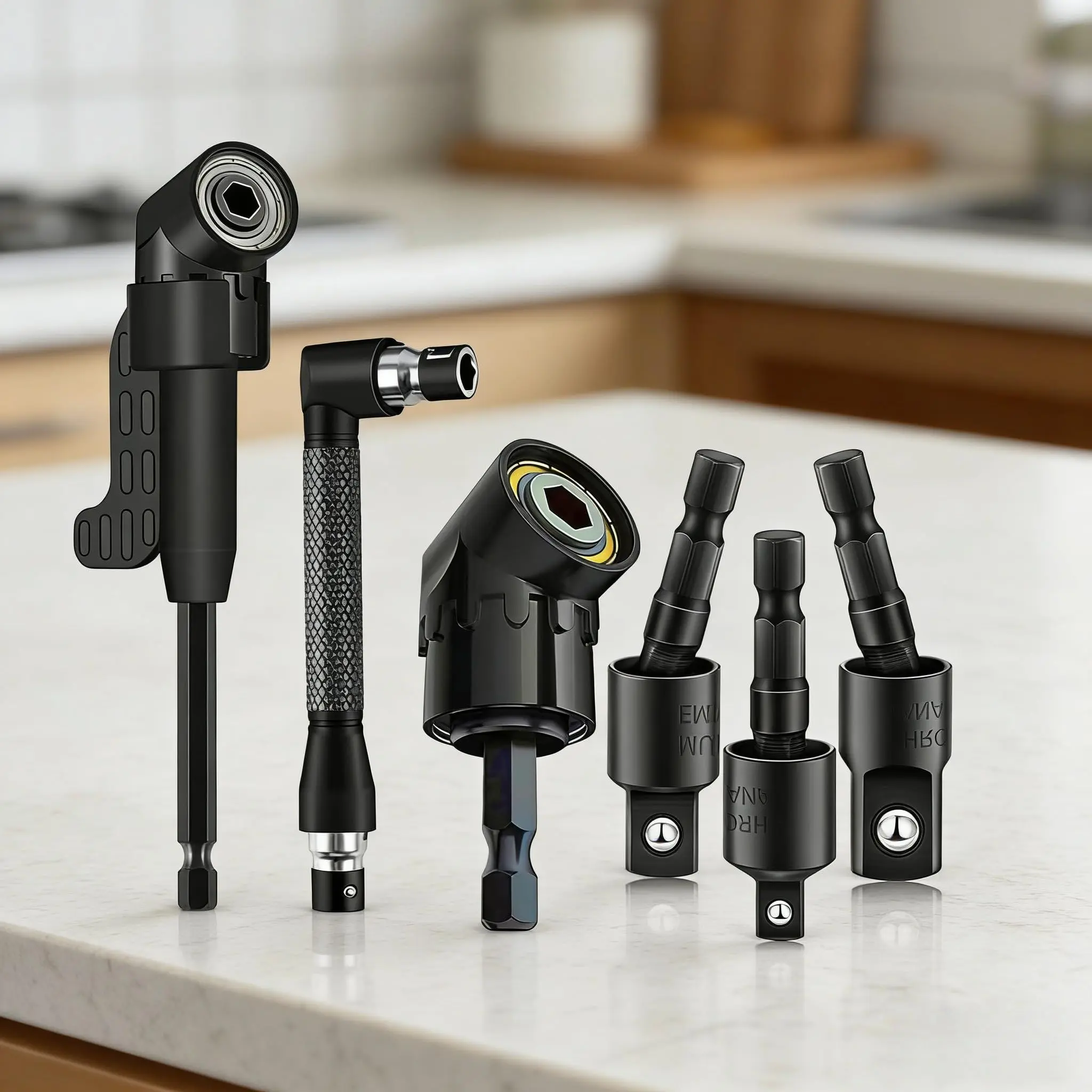 Drill Bit Extension Set with a 105° Angle Screwdriver bit, Right Angle Drill Adaptor, and 360° rotatable Socket adapters for 1/4", 3/8", and 1/2" Sizes ﻿