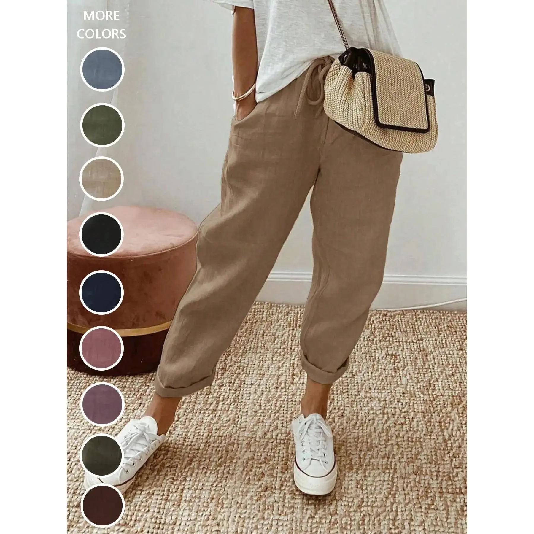 Women's Plain Tie Front Pocket Straight Leg Pants, Casual Elastic Waist Trousers for Spring & Fall, Women's Bottoms for Daily Wear, Casual Lounge Pants