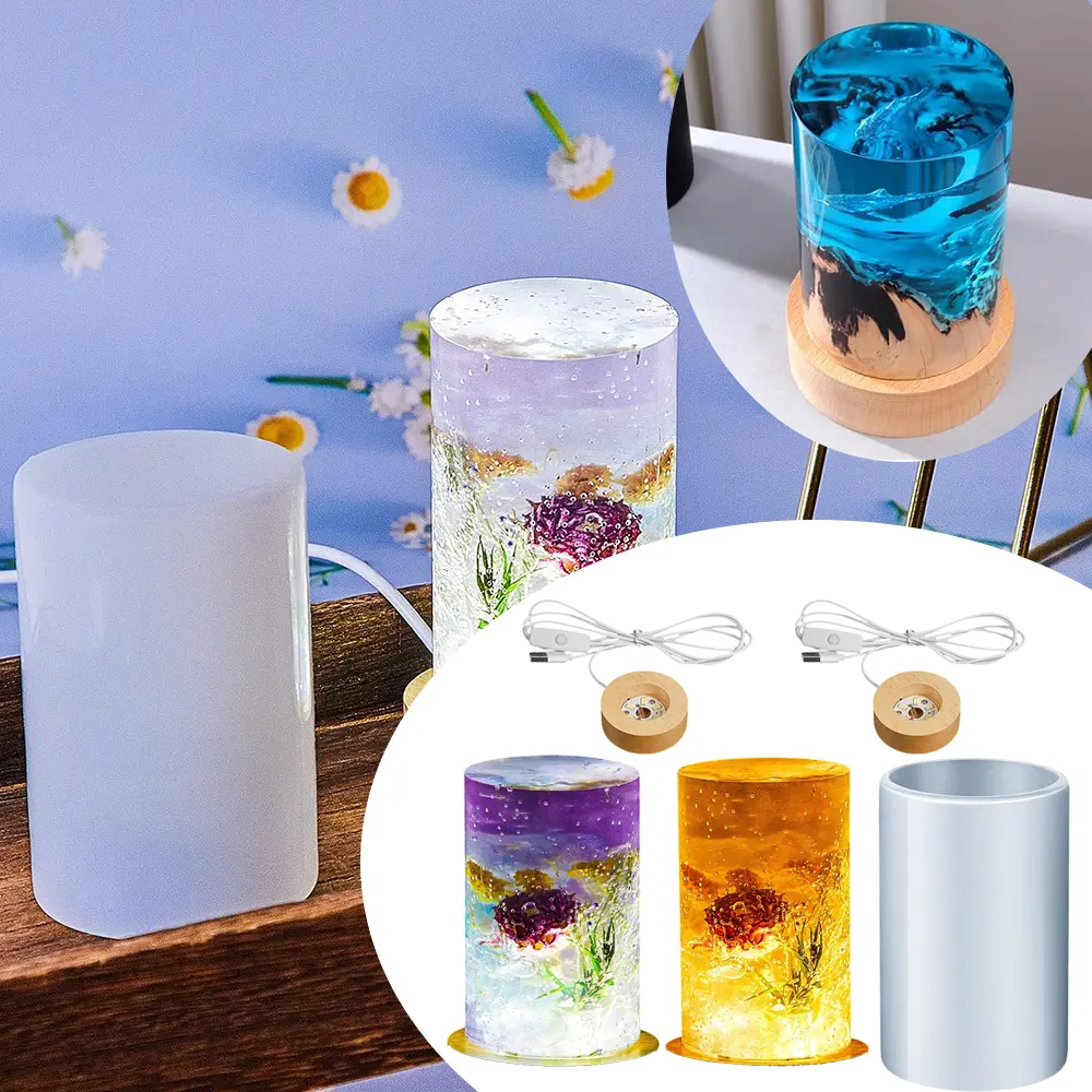 [Hand Tools Kits] 3Pcs Cylinder Light Resin Silicone Mold Set,Include 1Pcs Resin Mold and 2Pcs USB Powered Wooden Lighted Base Stand for DIY Table Candle Desktop Lamp Ornaments