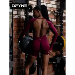 DFYNE Backless Long Sleeve Bodysuit| Tummy Control & Glute Contouring Gym Romper| High-Stretch Workout Onesie for Pilates & Training