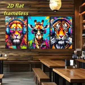 3-Piece Set of Vibrant Animal Canvas Posters with Earphones - Fashionable Lion, Tiger, and Giraffe, Suitable for Modern Living Room, Bedroom, and Home Office Decoration 2D Flat Printing Frameless Paintings