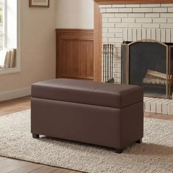 Adeco 32 in Classic Armless Faux Leather Rectangular Storage Ottoman Bench - Hidden Storage, Safety Hinges, Padded Footrest, Extra Seat, Easy Assembly for Living Room, Bedroom
