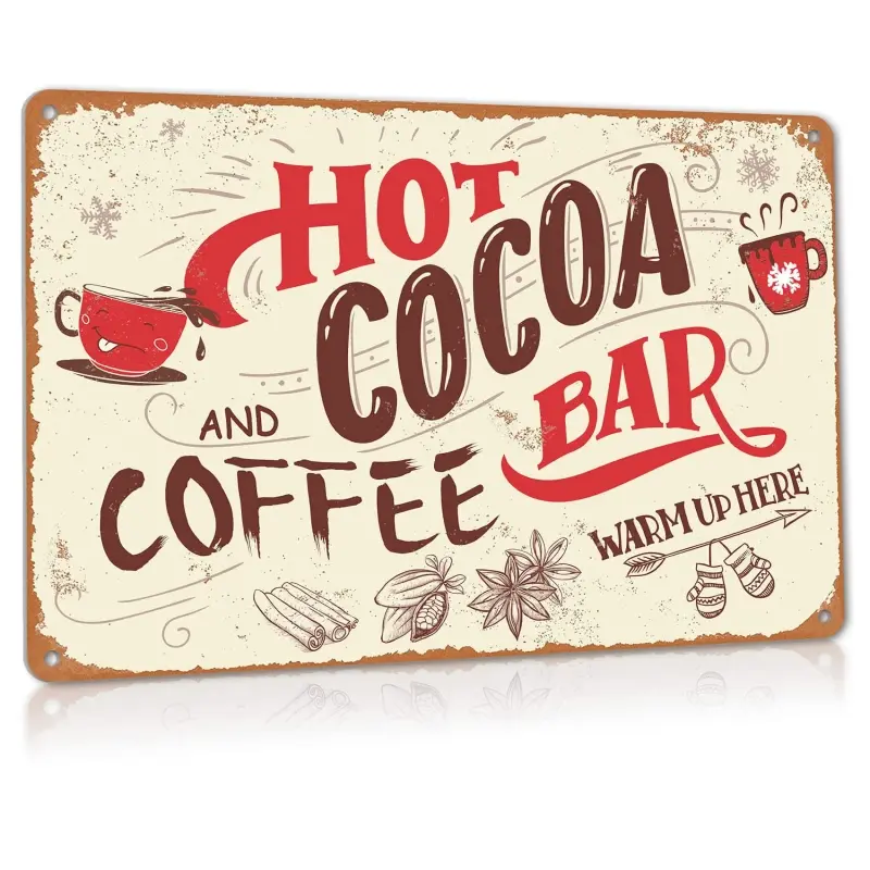 Vintage Farmhouse Retro Metal Sign, 12x8In/16x12In, Christmas Hot Cocoa & Coffee Bar Wall Art for Home Kitchen Decor, Wall Mount