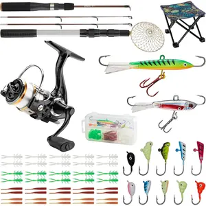 Ice Fishing Rod Reel Combo Medium Light Carbon Fiber Fiberglass Portable Complete Kit Include Skimmer Spare Rod Spinning Ice Fishing Reel Ice Jig Folding Stool for Winter Fishing