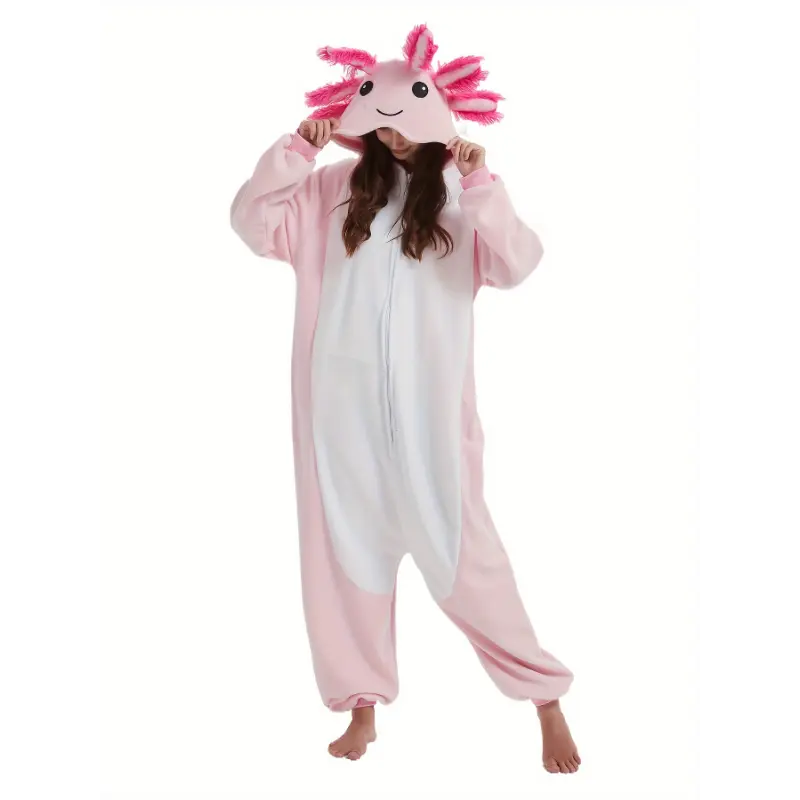 Cartoon Salamander Fuzzy Hooded Jumpsuit For Music Festival, Cute Long Sleeve Zip Up Party Costume Pajamas, Women's Sleepwear & Loungewear