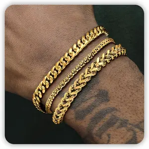 Silver and Gold Bracelet for Men, Cuban Chain Bracelet Set Water Proof Stainless Steel Bracelet for Him, Adjustable Gold Link Men Braclet as Jewelry Gifts for Boyfriend, Dad and Son-USA