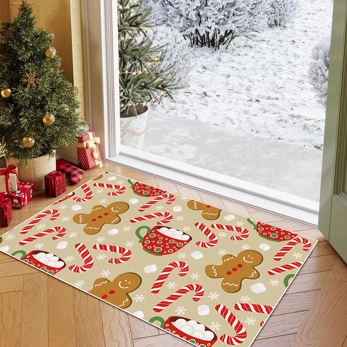 Entry mat, Christmas rug, doorway rug, Christmas decorative floor mat, Christmas doorway rug with candy and gingerbread man elements, with festive design, soft non-slip bottom welcome mat, suitable for living room, kitchen and interior outdoor entrance
