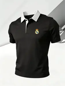 Men's Real Madrid Shield polo shirt, black and white contrasting collar football fan outfit, men's quick drying sports casual golf work top