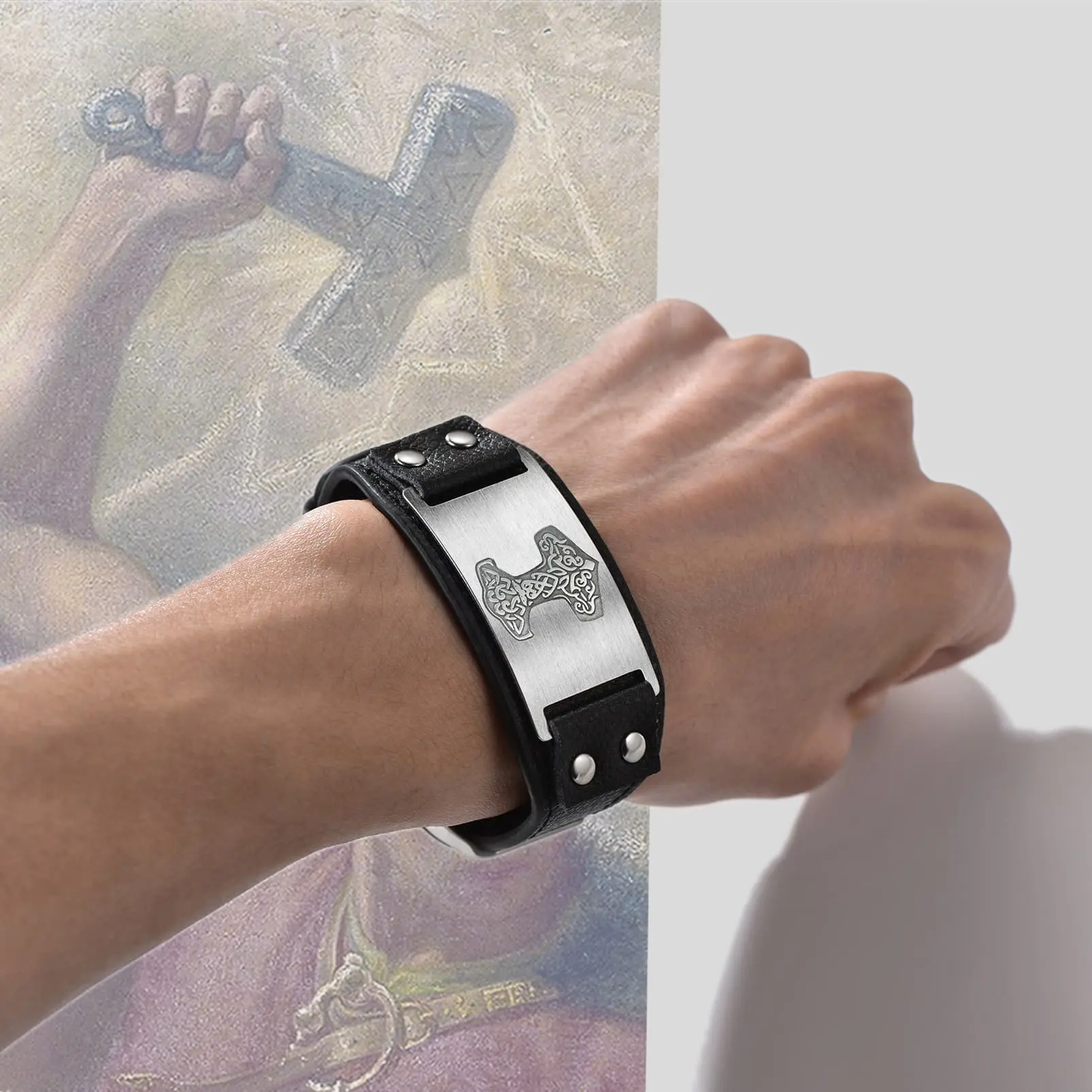 FaithHeart Thor's Hammer Cuff Bracelet Leather Wristband Stainless Steel