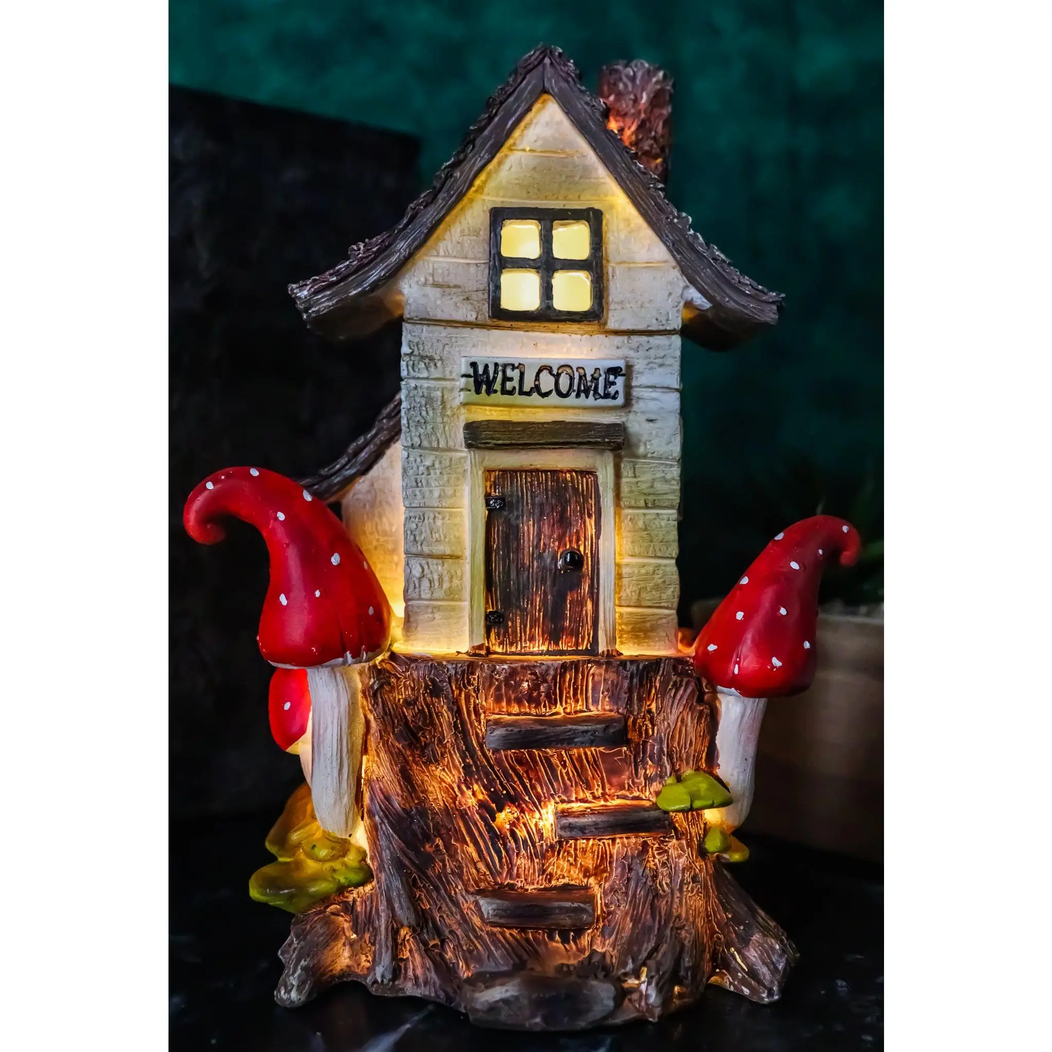 Fairy Garden LED Light Up Cottage Tree House With Toadstool Mushrooms Figurine